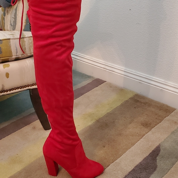 red thigh high boots block heel